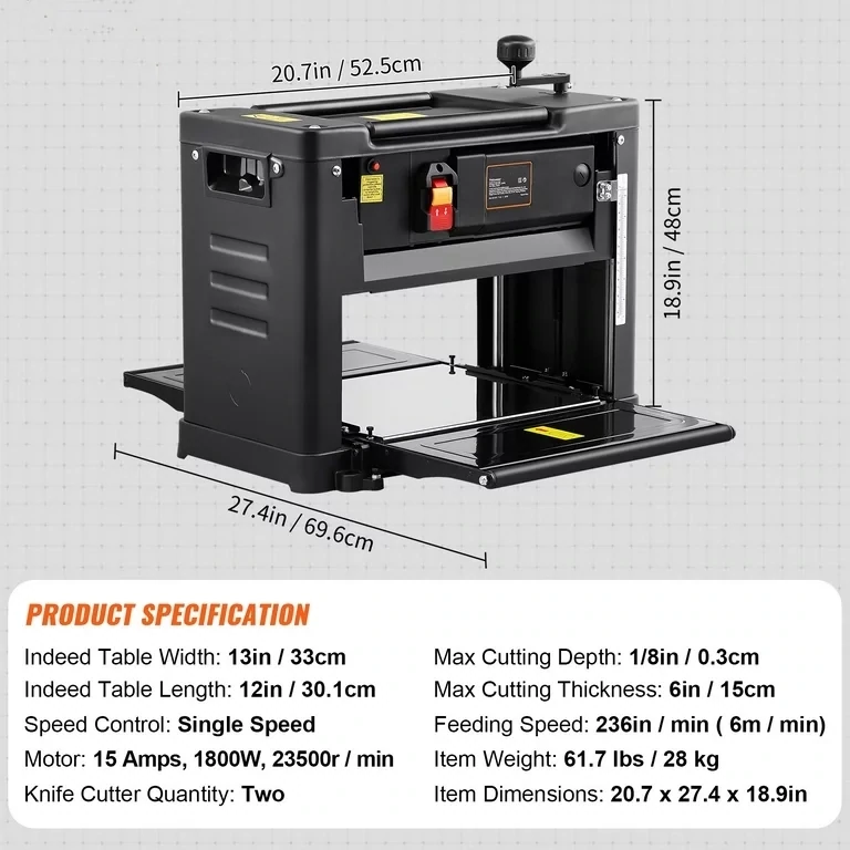 Thickness Planer, Single Speed Low Noise for Wood Material Removal of Hard &amp; Soft Wood