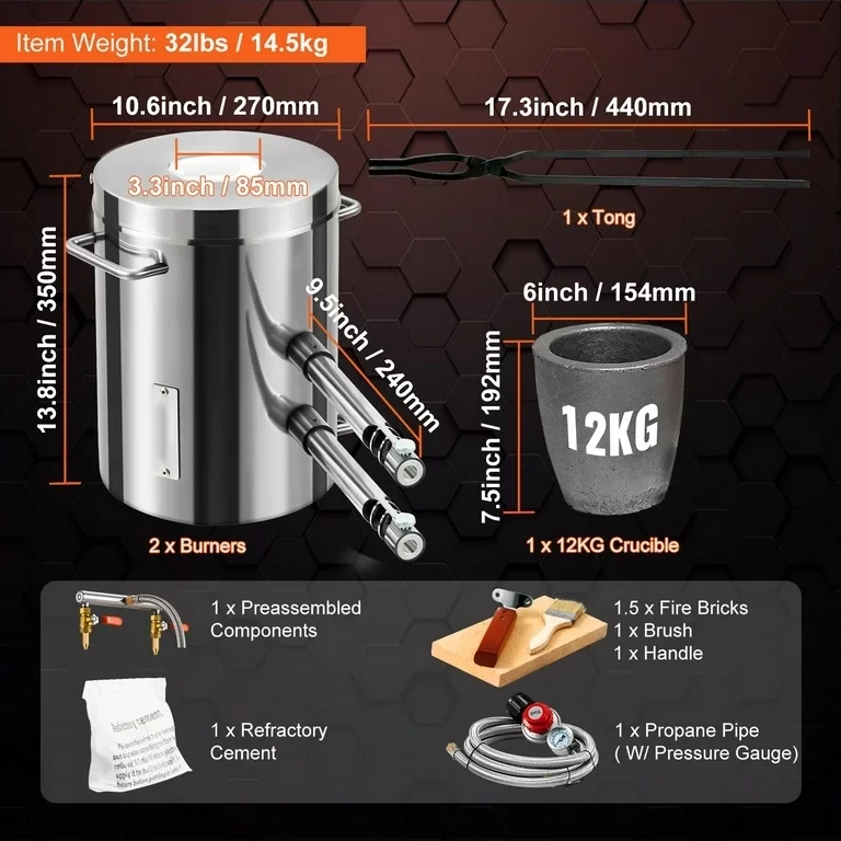 Melting Furnace Kit with Double Burners for 12KG of Propane