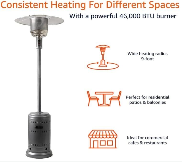 Commercial &amp; Residential 46,000 BTU Outdoor Mushroom Patio Heater with Wheels, Propane