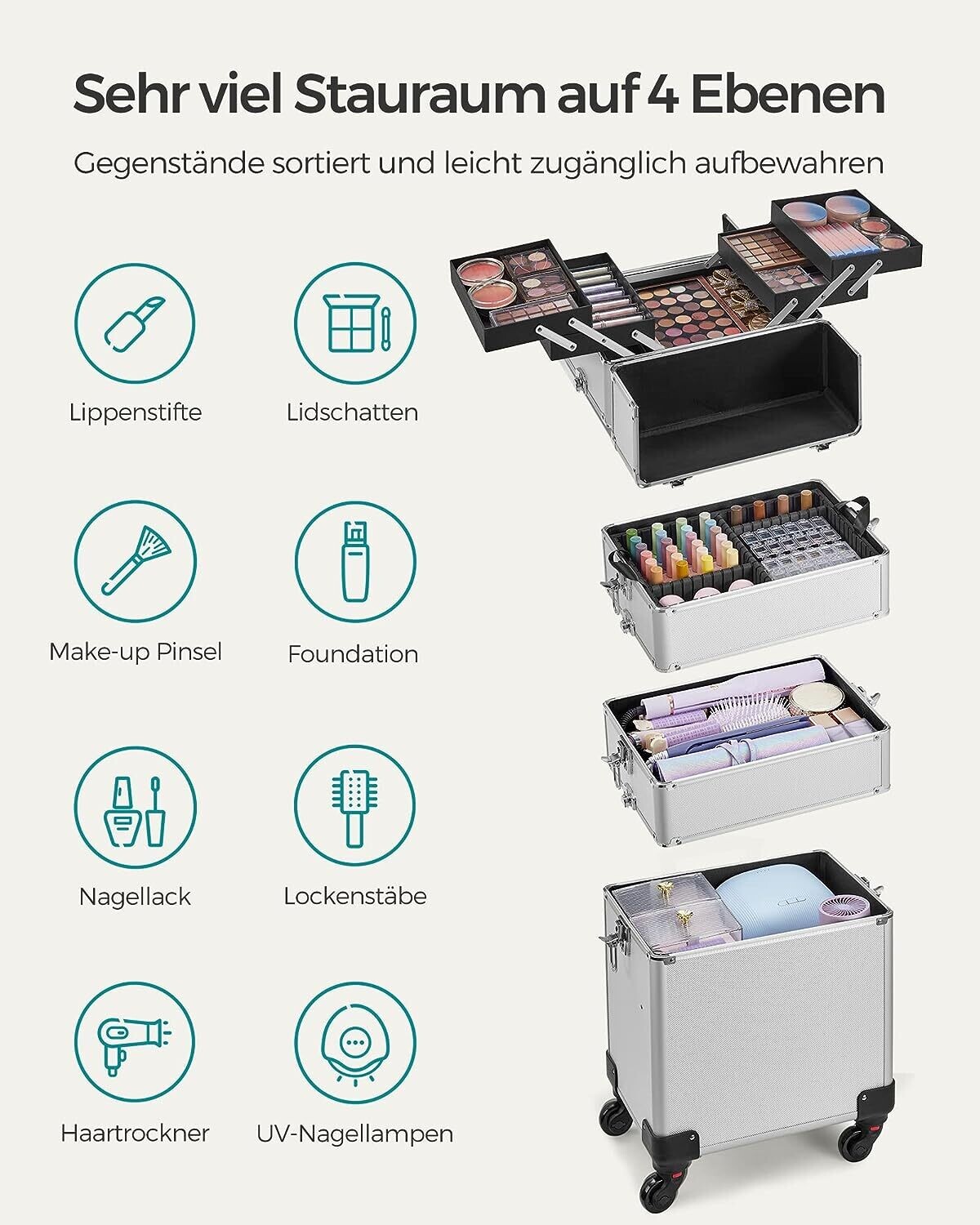 4-in-1 Makeup Trolley Case with Aluminum Construction for Travel - Large Hairdressing Storage with Lockable Design and 360° Rotating Wheels - Stylish and Functional in Silver