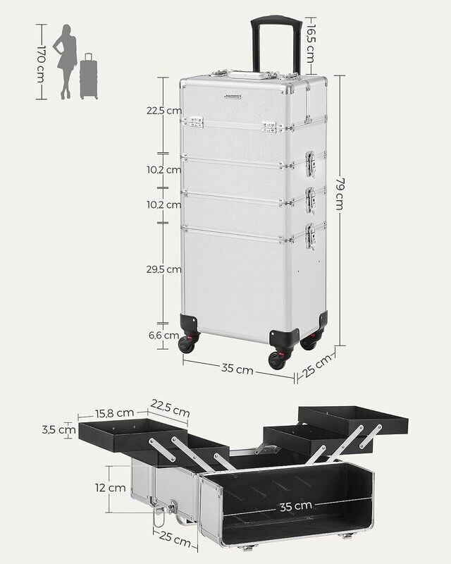 4-in-1 Mallette Maquillage Trolley with Aluminum Box for Travel, Large Hairdressing Case, Lockable, 360° Rotating Universal Wheels, silver