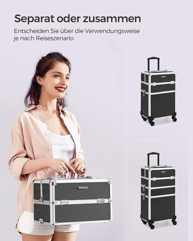 4-in-1 Mallette Maquillage Trolley with Aluminum Box for Travel, Large Hairdressing Case, Lockable, 360° Rotating Universal Wheels, silver