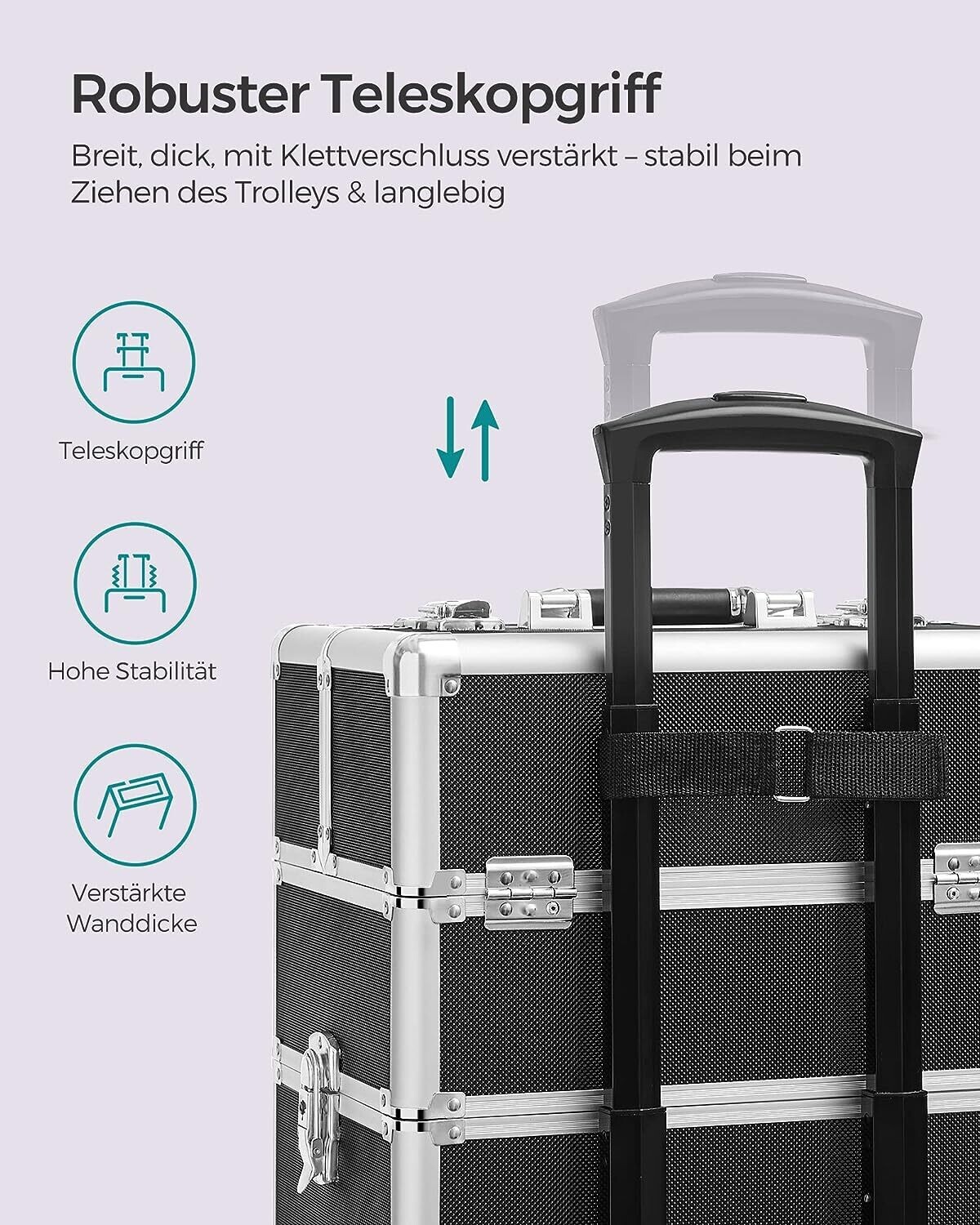 4-in-1 Makeup Trolley Case with Aluminum Construction for Travel - Large Hairdressing Storage with Lockable Design and 360° Rotating Wheels - Stylish and Functional in Silver