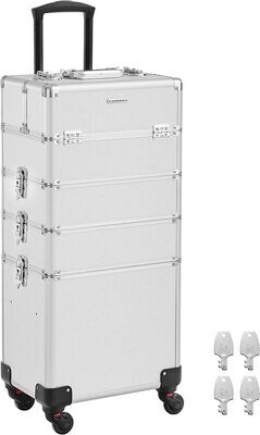4-in-1 Mallette Maquillage Trolley with Aluminum Box for Travel, Large Hairdressing Case, Lockable, 360° Rotating Universal Wheels, silver