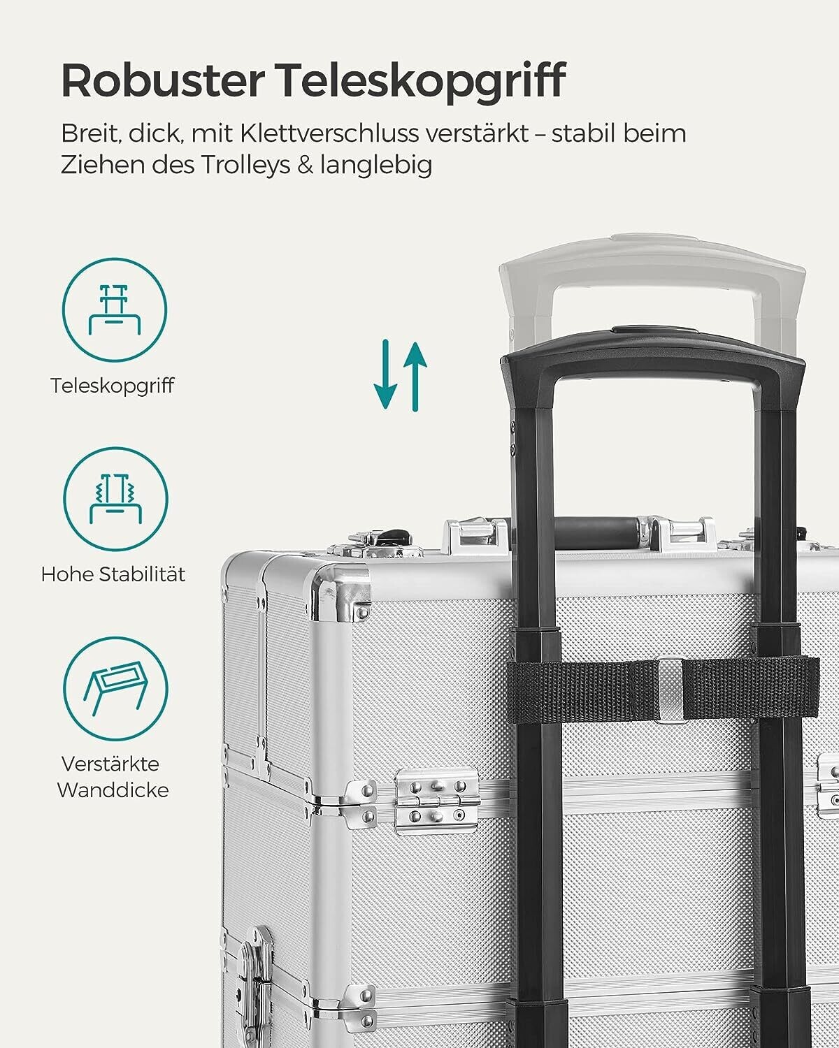 4-in-1 Makeup Trolley Case with Aluminum Construction for Travel - Large Hairdressing Storage with Lockable Design and 360° Rotating Wheels - Stylish and Functional in Silver