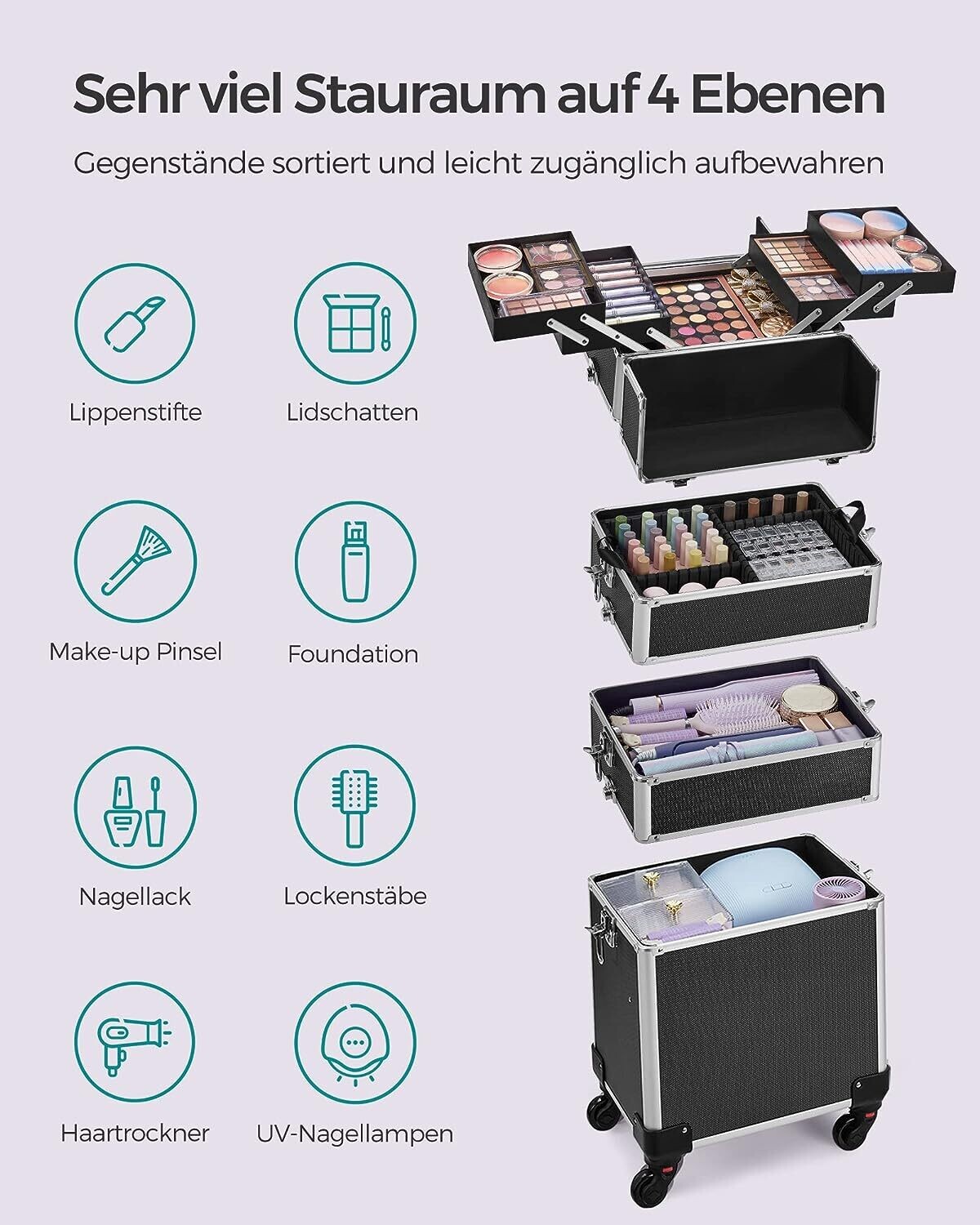 4-in-1 Makeup Trolley Case with Aluminum Construction for Travel - Large Hairdressing Storage with Lockable Design and 360° Rotating Wheels - Stylish and Functional in Silver