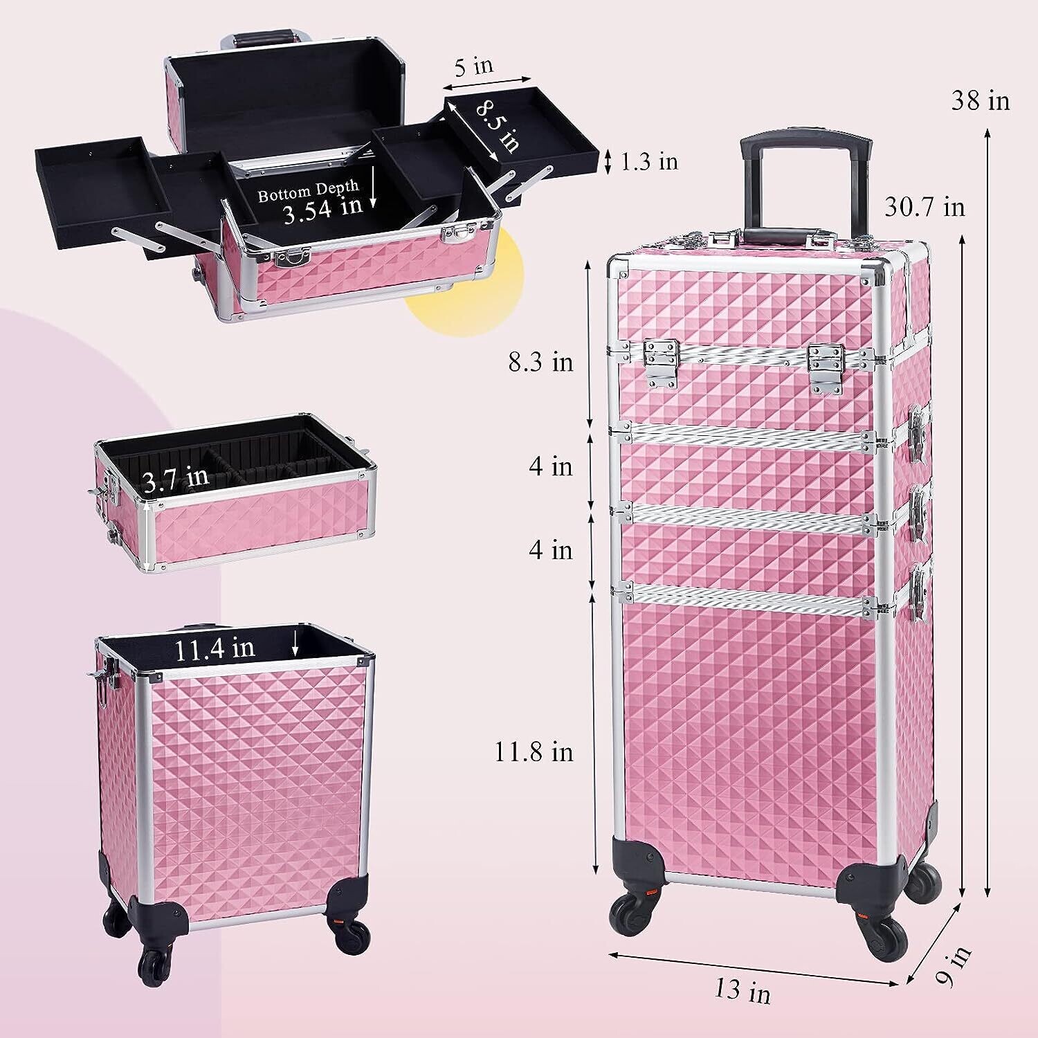 Aluminium Makeup Trolley Cosmetic Case with Detachable Mini-Cases – Portable Storage for Beauty Tools and Supplies