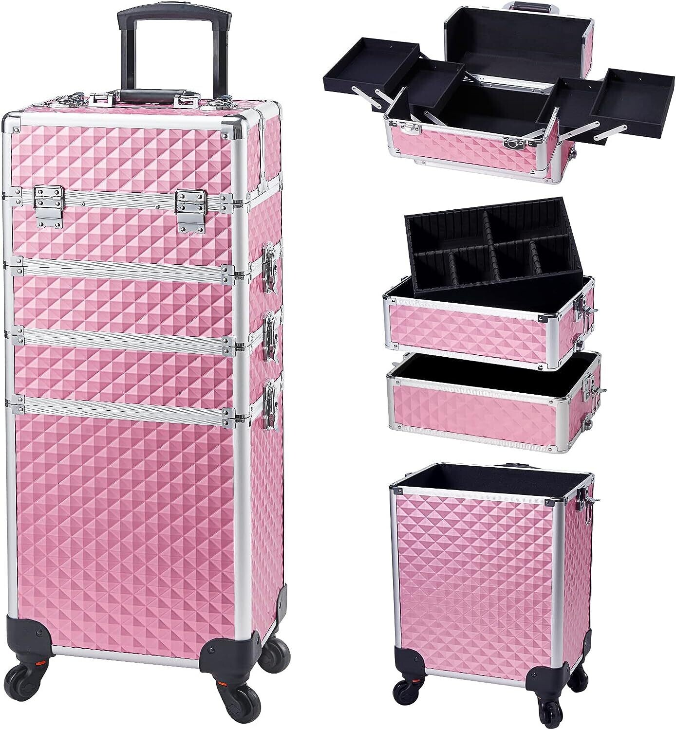 Aluminium Makeup Trolley Cosmetic Case with Detachable Mini-Cases – Portable Storage for Beauty Tools and Supplies