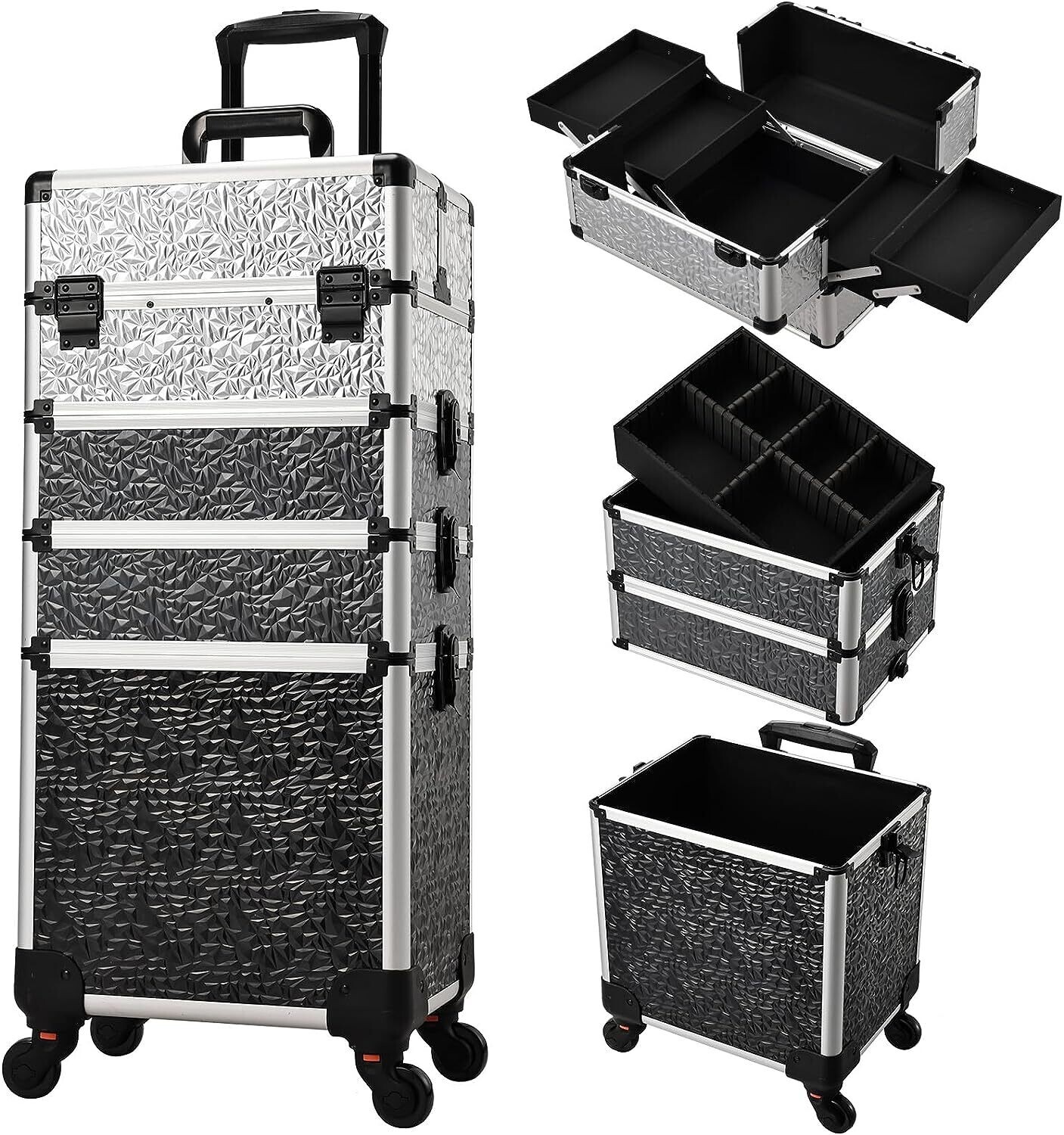 Aluminium Makeup Trolley Cosmetic Case with Detachable Mini-Cases – Portable Storage for Beauty Tools and Supplies