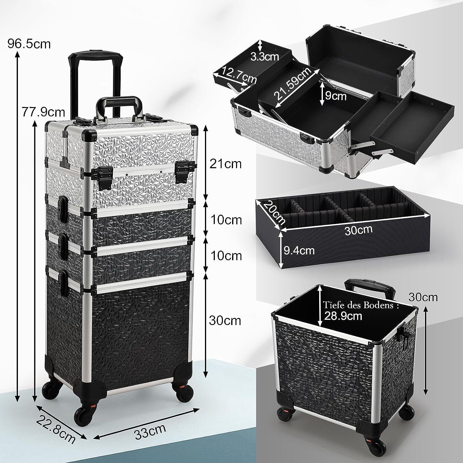 Aluminium Makeup Trolley Cosmetic Case with Detachable Mini-Cases – Portable Storage for Beauty Tools and Supplies