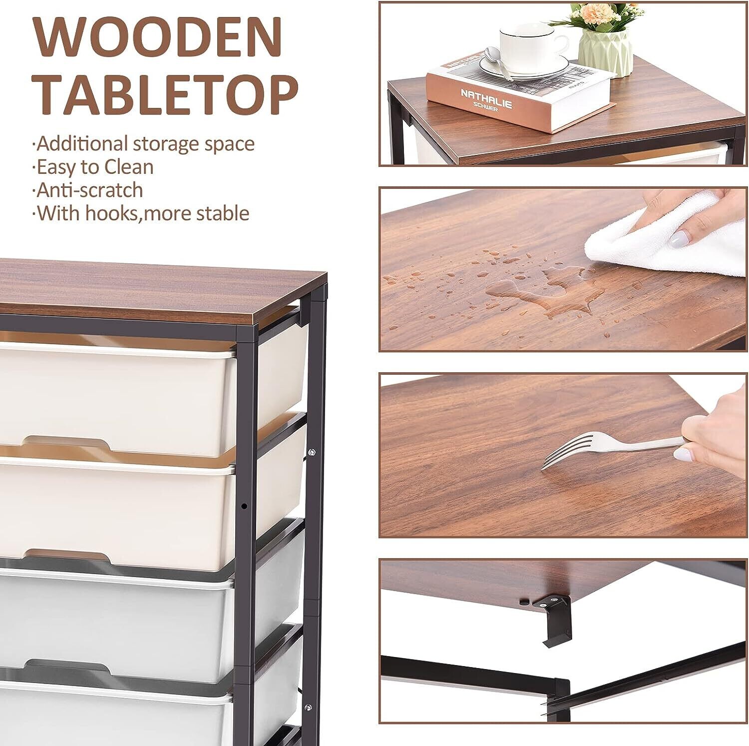 6-Drawer Rolling Storage Cart with Wooden Tabletop - Multipurpose Organizer with Lockable Wheels for Bedroom, Office, or Craft Room