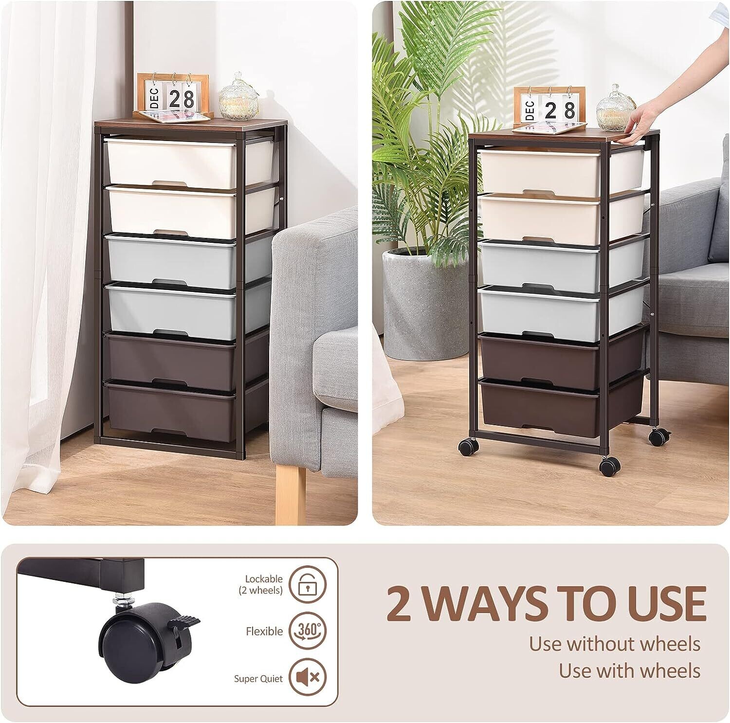 6-Drawer Rolling Storage Cart with Wooden Tabletop - Multipurpose Organizer with Lockable Wheels for Bedroom, Office, or Craft Room