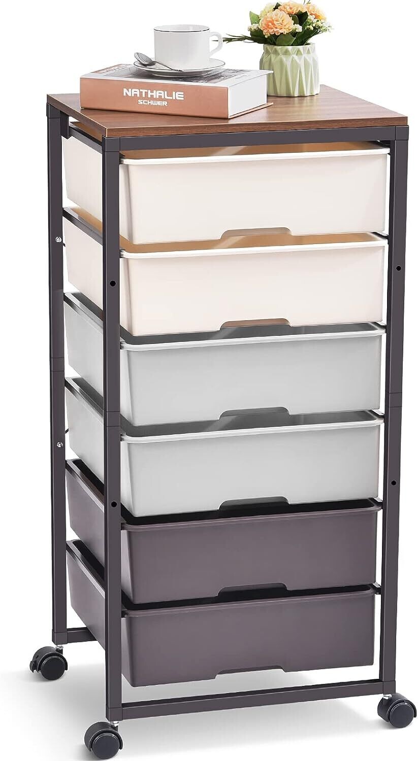 6-Drawer Rolling Storage Cart with Wooden Tabletop - Multipurpose Organizer with Lockable Wheels for Bedroom, Office, or Craft Room