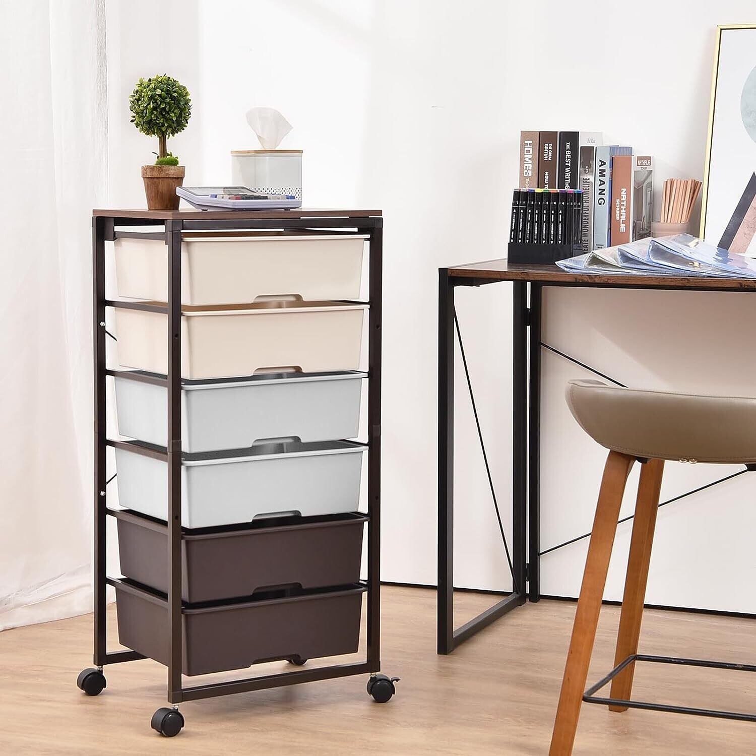 6-Drawer Rolling Storage Cart with Wooden Tabletop - Multipurpose Organizer with Lockable Wheels for Bedroom, Office, or Craft Room