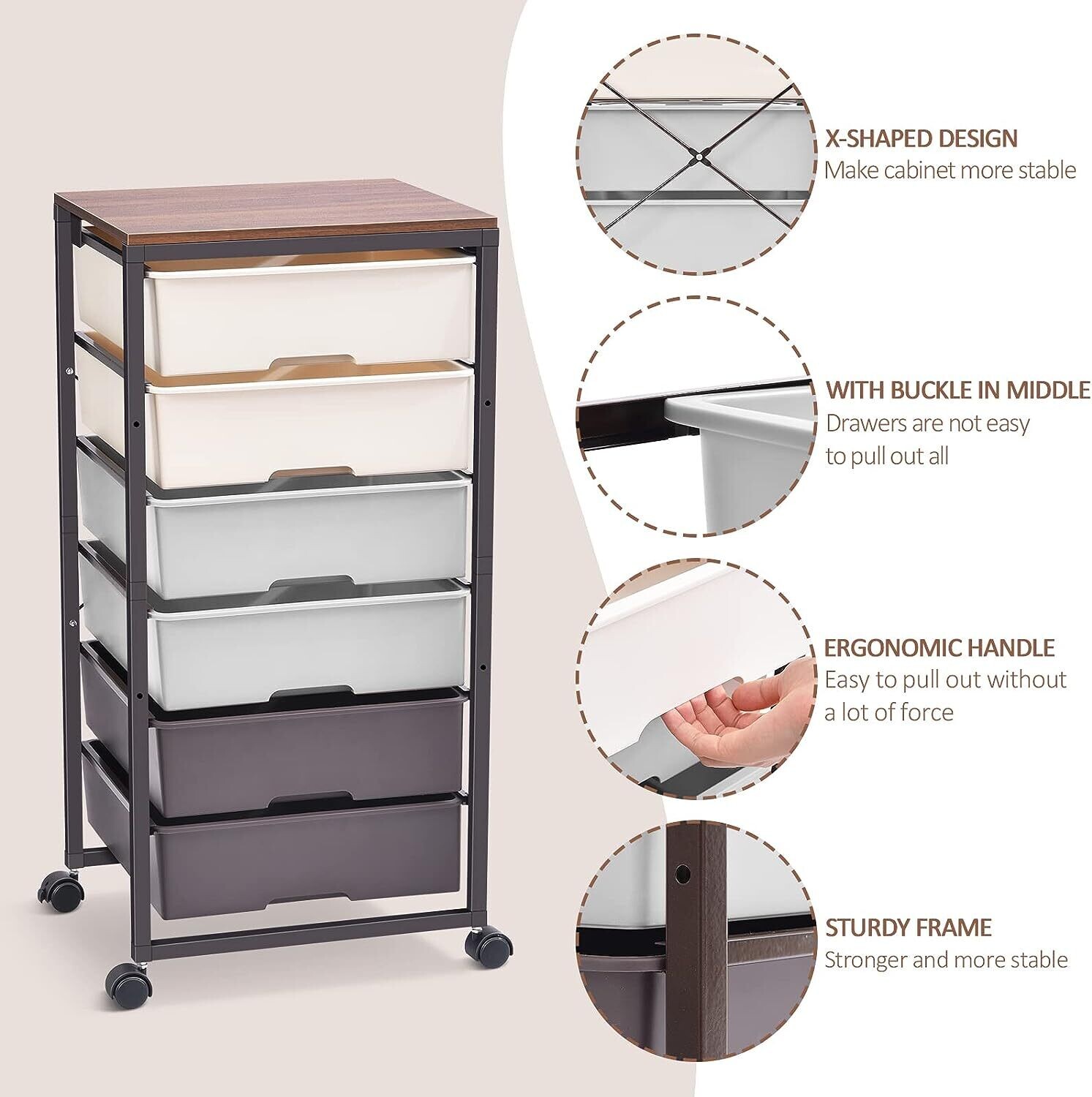 6-Drawer Rolling Storage Cart with Wooden Tabletop - Multipurpose Organizer with Lockable Wheels for Bedroom, Office, or Craft Room