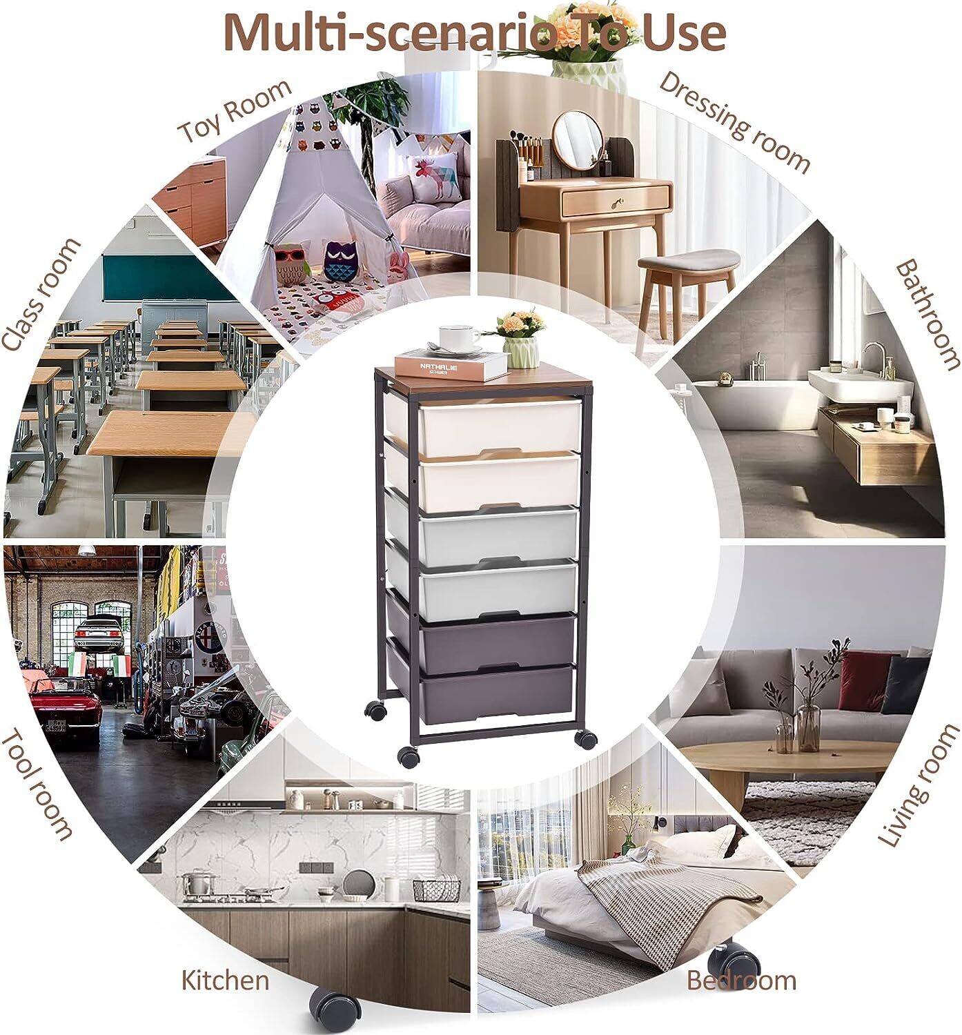 6-Drawer Rolling Storage Cart with Wooden Tabletop - Multipurpose Organizer with Lockable Wheels for Bedroom, Office, or Craft Room