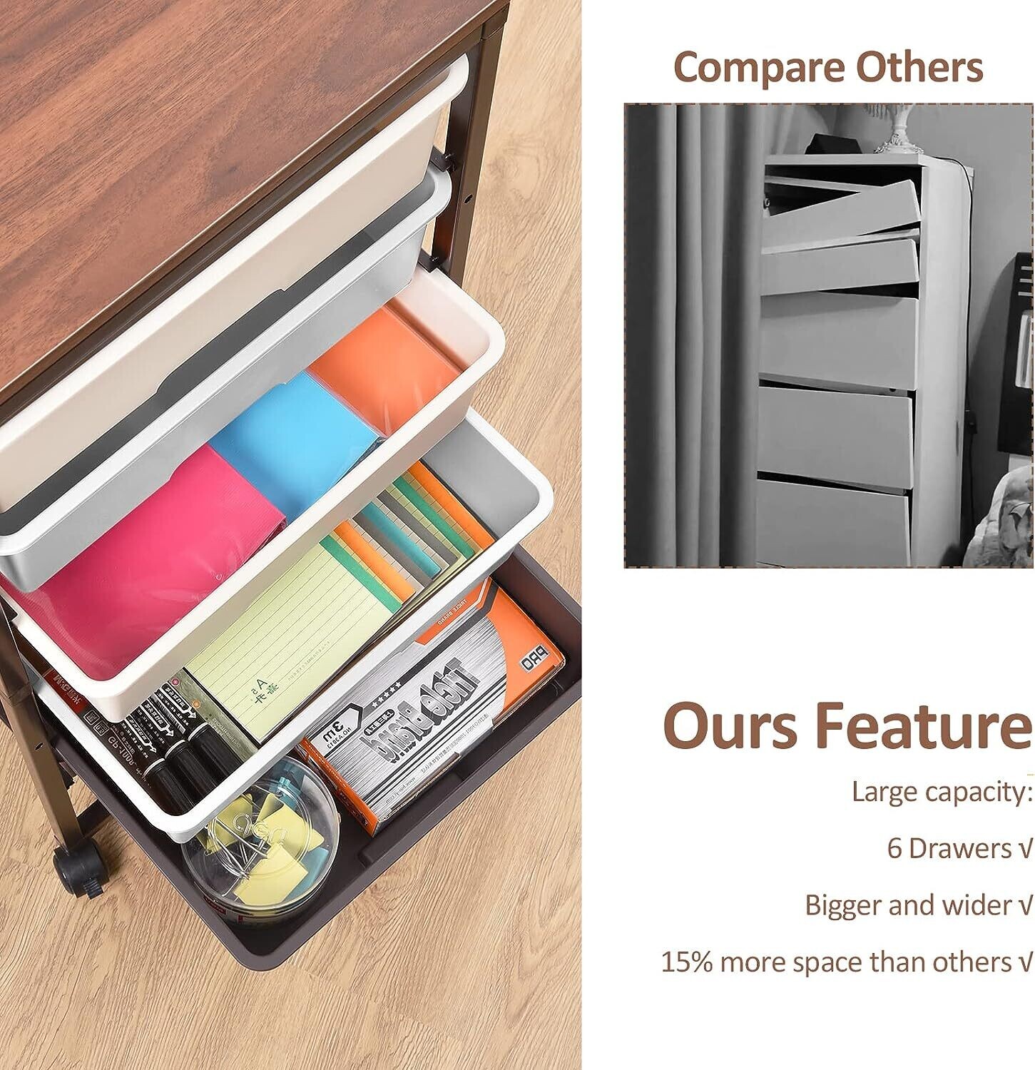 6-Drawer Rolling Storage Cart with Wooden Tabletop - Multipurpose Organizer with Lockable Wheels for Bedroom, Office, or Craft Room