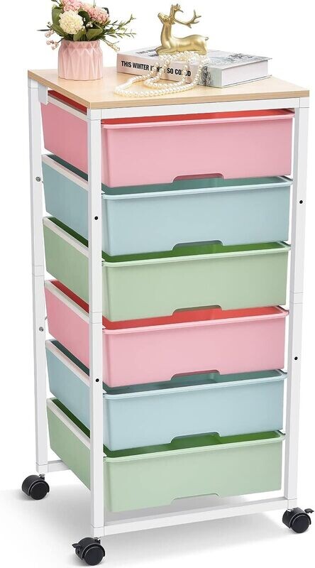 6 Large Storage Drawers Cabinets with Wooden Tabletop, Multipurpose Rolling Cart with Lockable Wheels for Bedroom,, Colour Name:: Natural