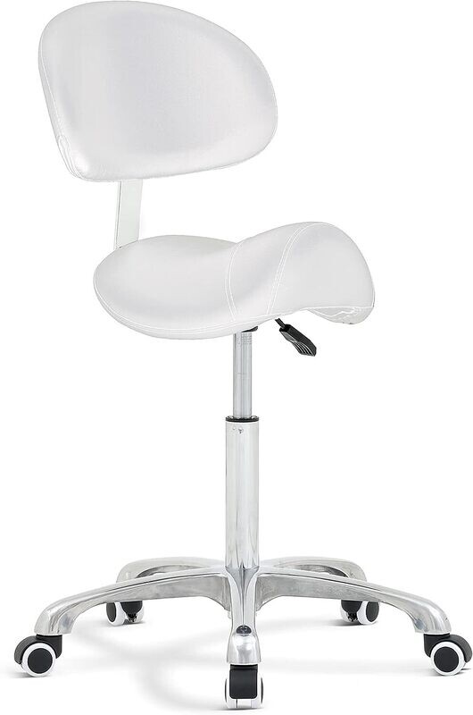 Adjustable Hydraulic Saddle Stool Massage Rolling Work Chair with Wheels For Beauty Salon Kitchen Spa,, Colour Name:: White with Backrest