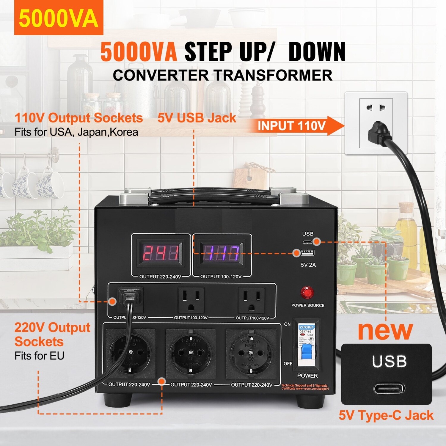 5000W Heavy Duty Step-Up/Step-Down Transformer - Converts 110V to 220V for Reliable Power Supply