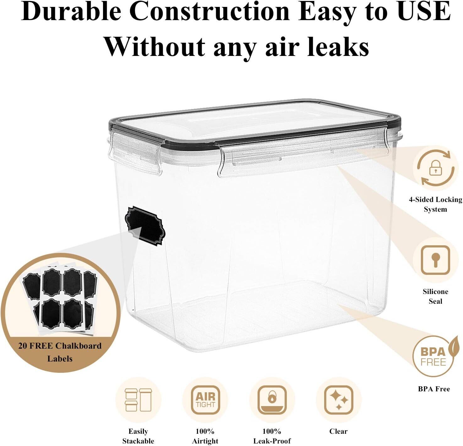 6 Sets Airtight Food Storage Containers with Black Lids - Ideal for Cereal and Dry Food Organization
