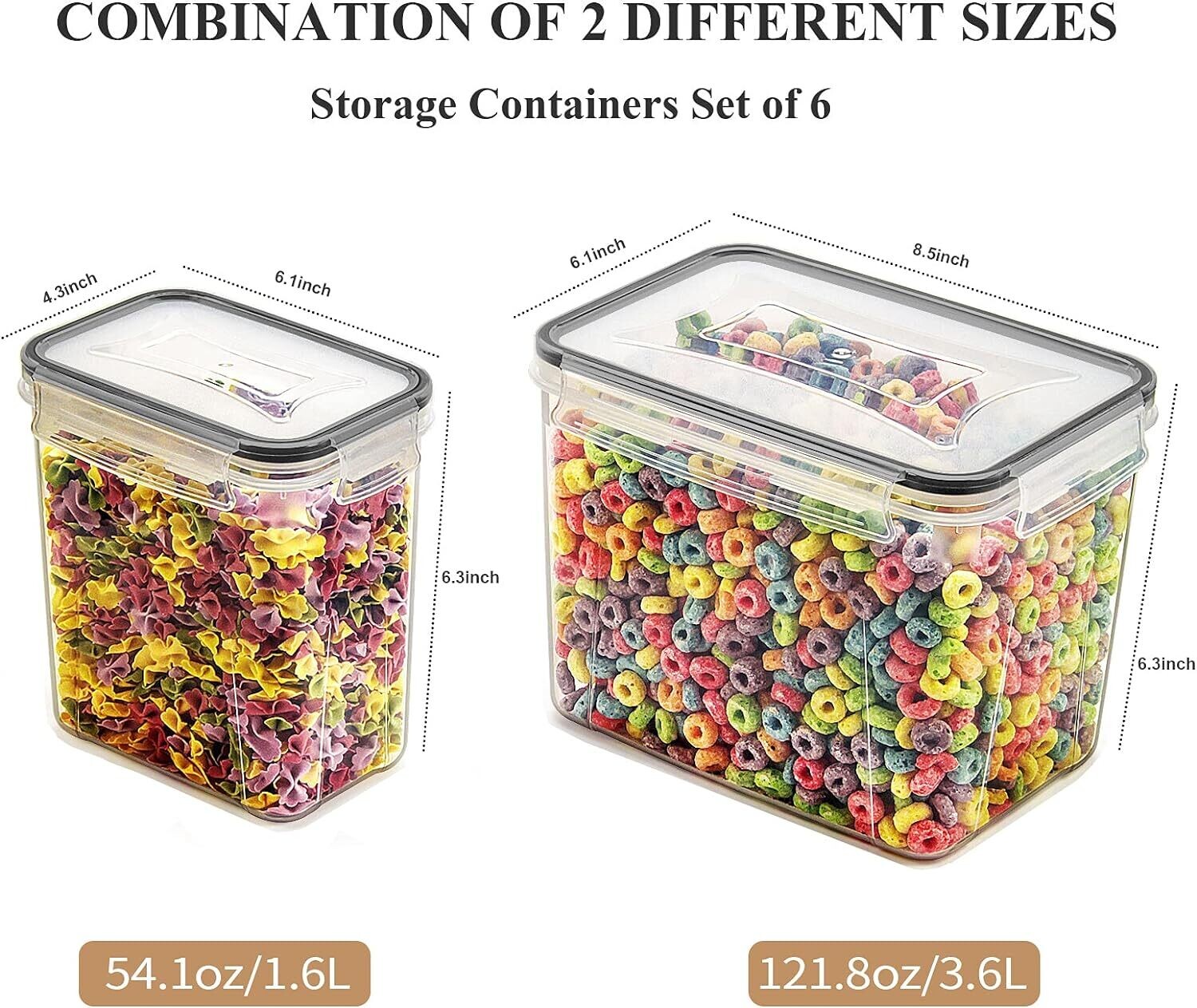 6 Sets Airtight Food Storage Containers with Black Lids - Ideal for Cereal and Dry Food Organization