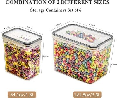 6 Sets Airtight Food Storage Containers with Black Lids - Ideal for Cereal and Dry Food Organization