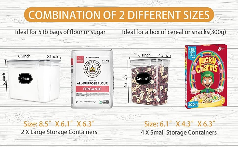 6 Sets Airtight Food Storage Containers with Black Lids - Ideal for Cereal and Dry Food Organization