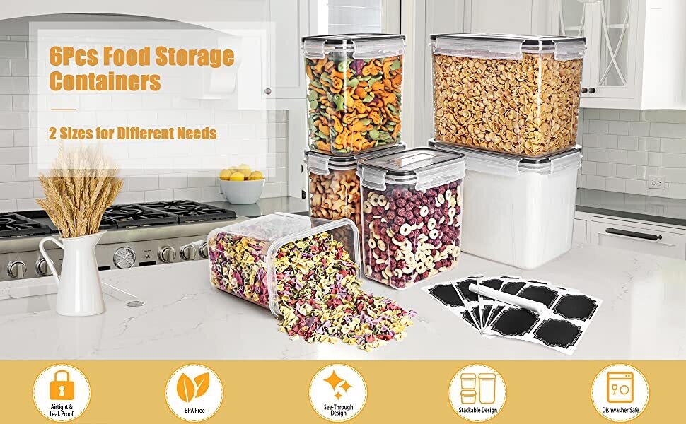 6 Sets Airtight Food Storage Containers with Black Lids - Ideal for Cereal and Dry Food Organization