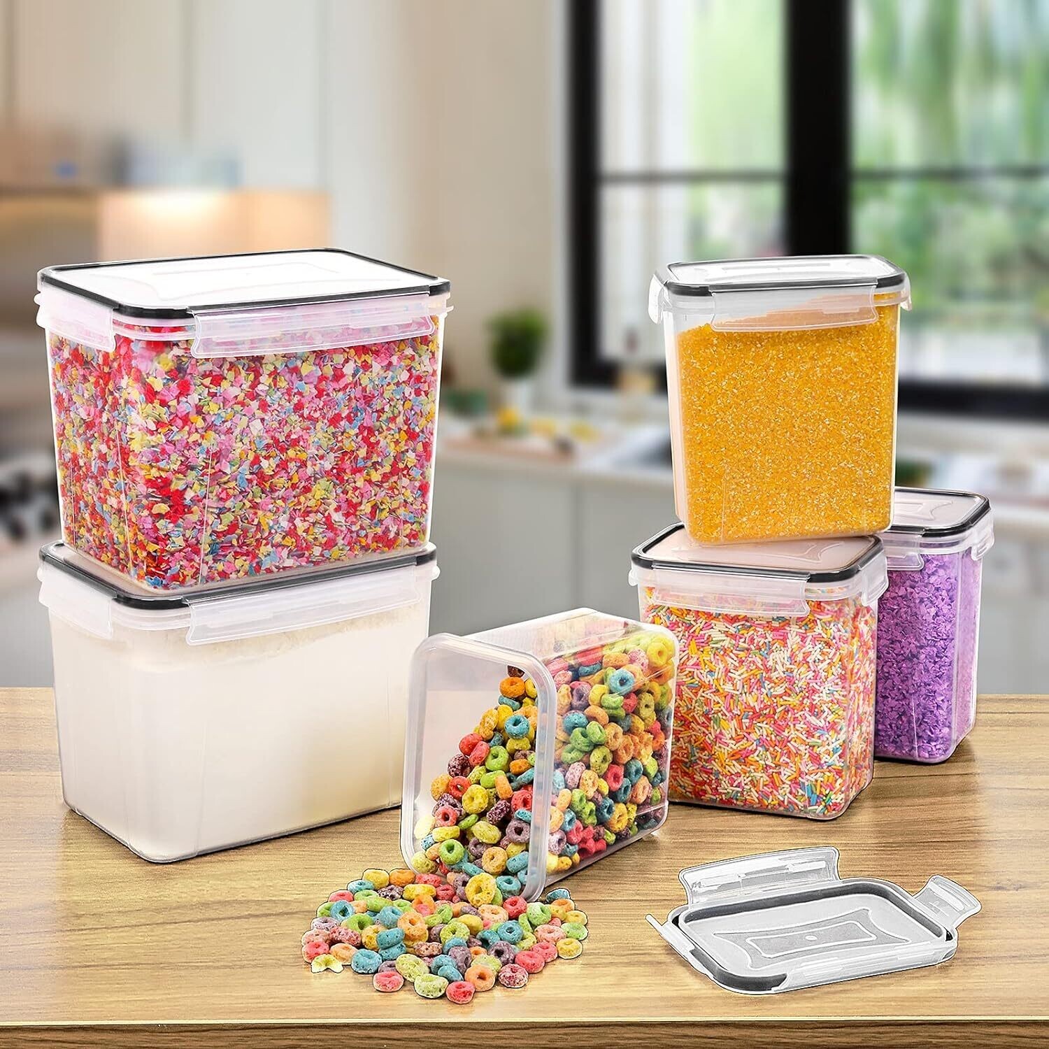 6 Sets Airtight Food Storage Containers with Black Lids - Ideal for Cereal and Dry Food Organization