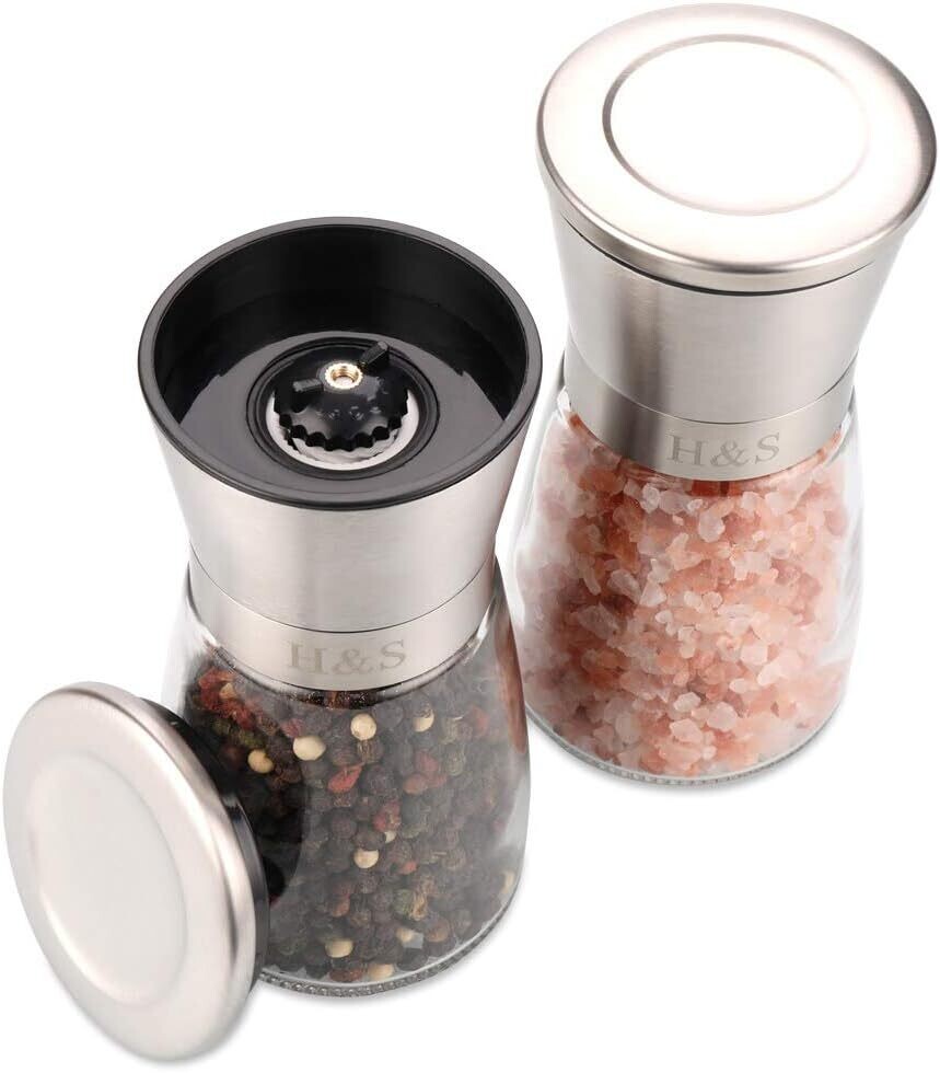 Brushed Stainless Steel Spice Mill Set – Salt and Pepper Shakers with Glass Containers, Adjustable Grinder for Seasoning