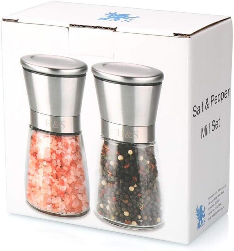 Brushed Spice Mill stainless steel salt and pepper shakers, a salt and pepper mill, and a glass container