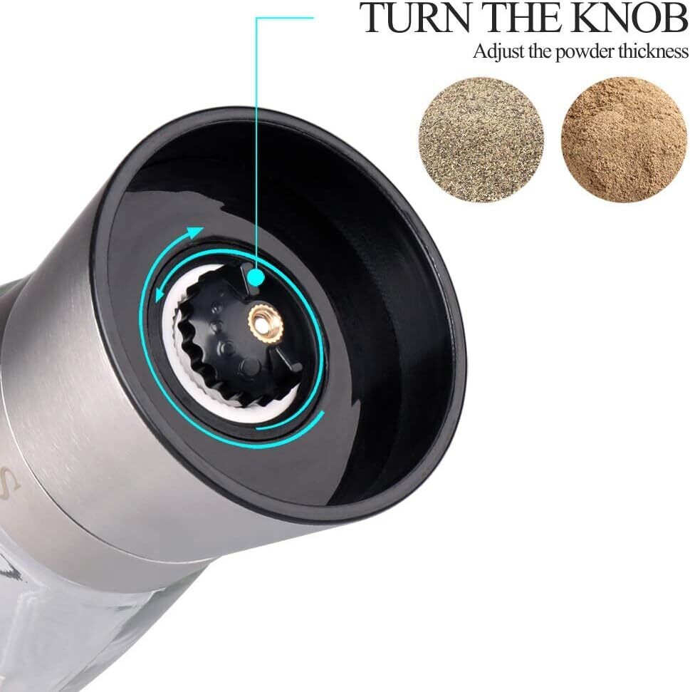 Brushed Stainless Steel Spice Mill Set – Salt and Pepper Shakers with Glass Containers, Adjustable Grinder for Seasoning