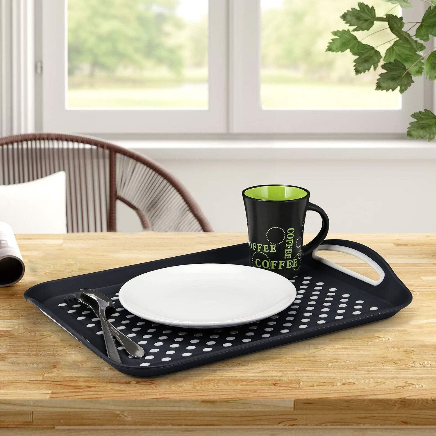 2 x Set of Anti-Slip Rectangular Plastic Dinner/Drinks Serving Trays – Non-Slip Top and Bottom with High Grip Rubber Surface