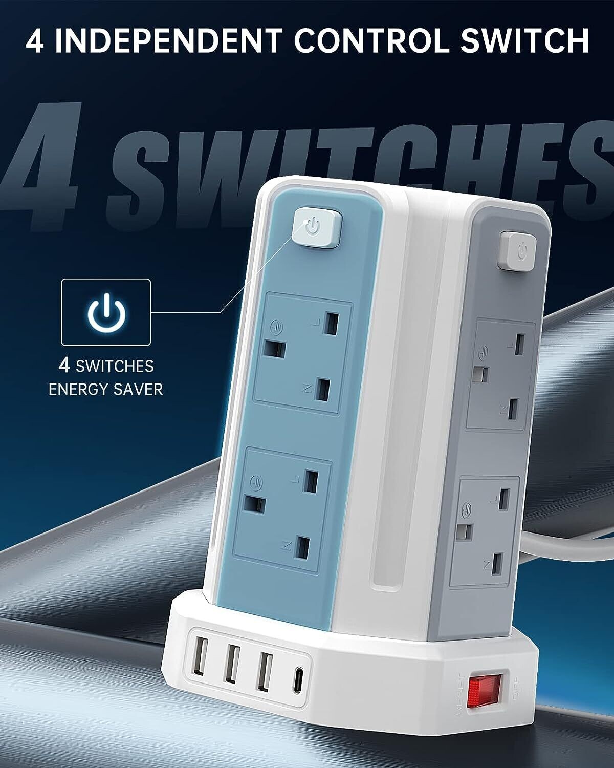 13A 3250W Tower Extension Lead – 8 Outlets &amp; 4 USB Ports with 3M Cable for Home, Office, and Kitchen Use