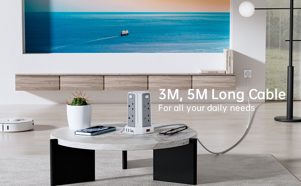 13A 3250W Tower Extension Lead – 8 Outlets &amp; 4 USB Ports with 3M Cable for Home, Office, and Kitchen Use