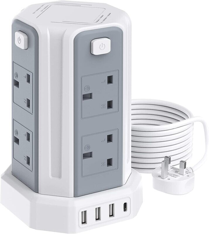 13A 3250W Tower Extension Lead – 8 Outlets &amp; 4 USB Ports with 3M Cable for Home, Office, and Kitchen Use