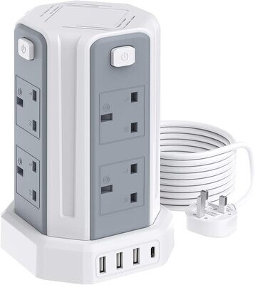 13A 3250W  Tower Extension 8 Ways and 4 USB Ports with 3M Lead Cable for Home, Office, and Kitchen