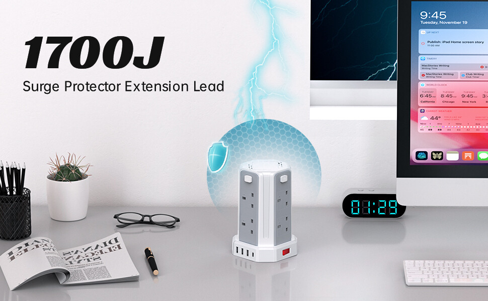 13A 3250W Tower Extension Lead – 8 Outlets &amp; 4 USB Ports with 3M Cable for Home, Office, and Kitchen Use