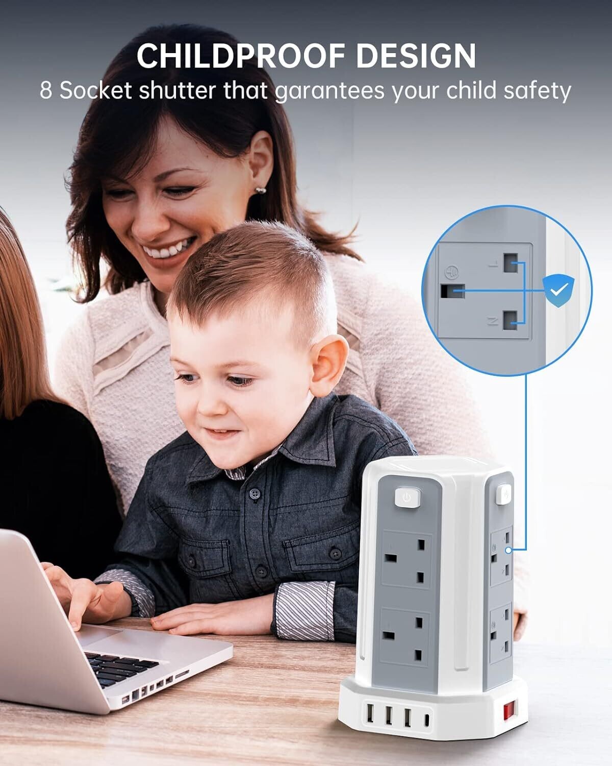 13A 3250W Tower Extension Lead – 8 Outlets &amp; 4 USB Ports with 3M Cable for Home, Office, and Kitchen Use