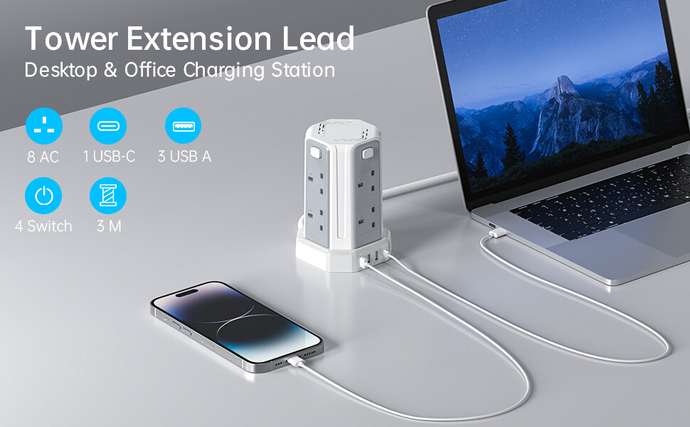 13A 3250W Tower Extension Lead – 8 Outlets &amp; 4 USB Ports with 3M Cable for Home, Office, and Kitchen Use