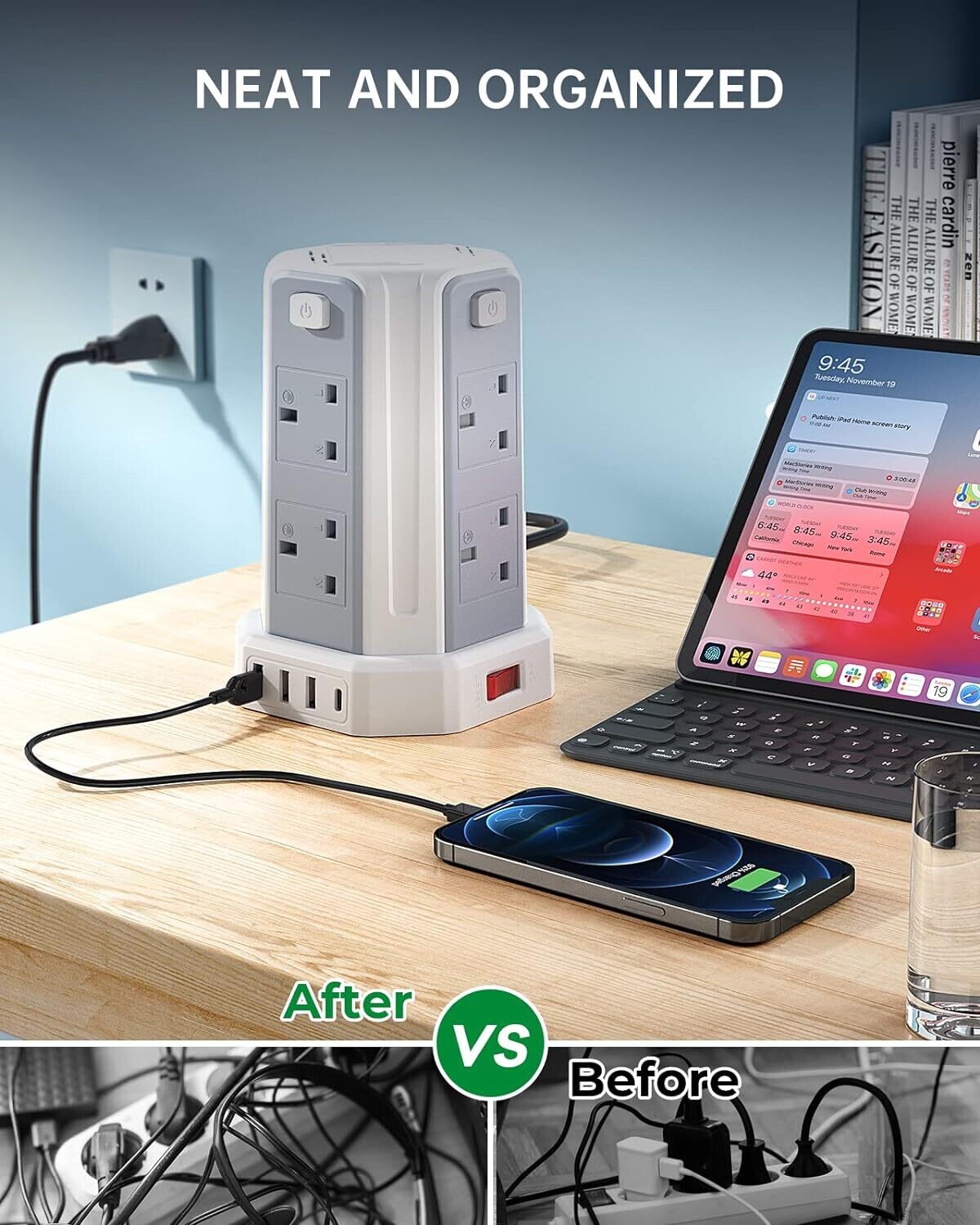 13A 3250W Tower Extension Lead – 8 Outlets &amp; 4 USB Ports with 3M Cable for Home, Office, and Kitchen Use