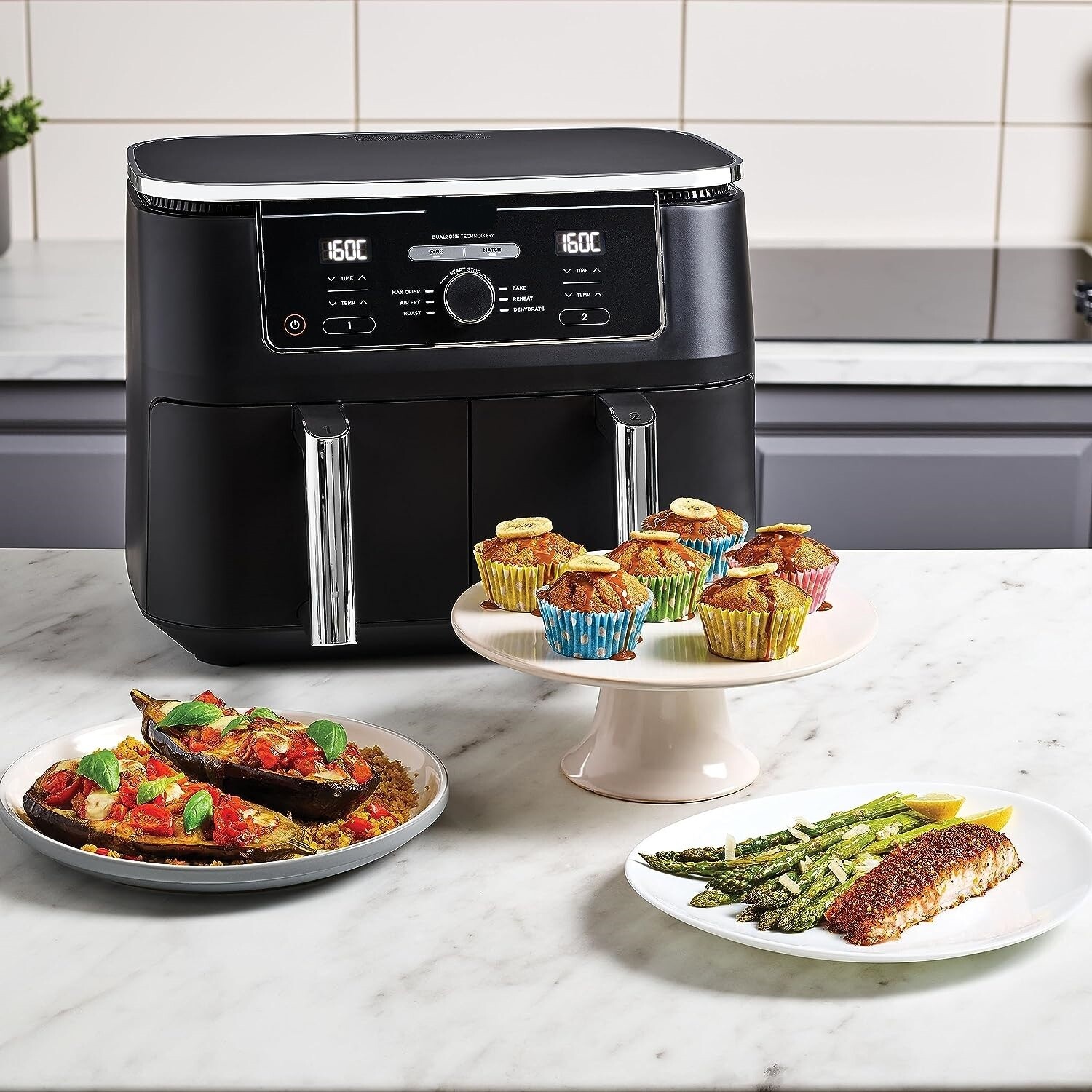 2-Drawer Air Fryer, 9.5L Large Capacity with 6-in-1 Functionality – Dual Independent Cooking Zones, 6 Cooking Functions (Air Fry, Max Crisp, Roast, Bake, Reheat, Dehydrate), Non-Stick &amp; Dishwasher Saf