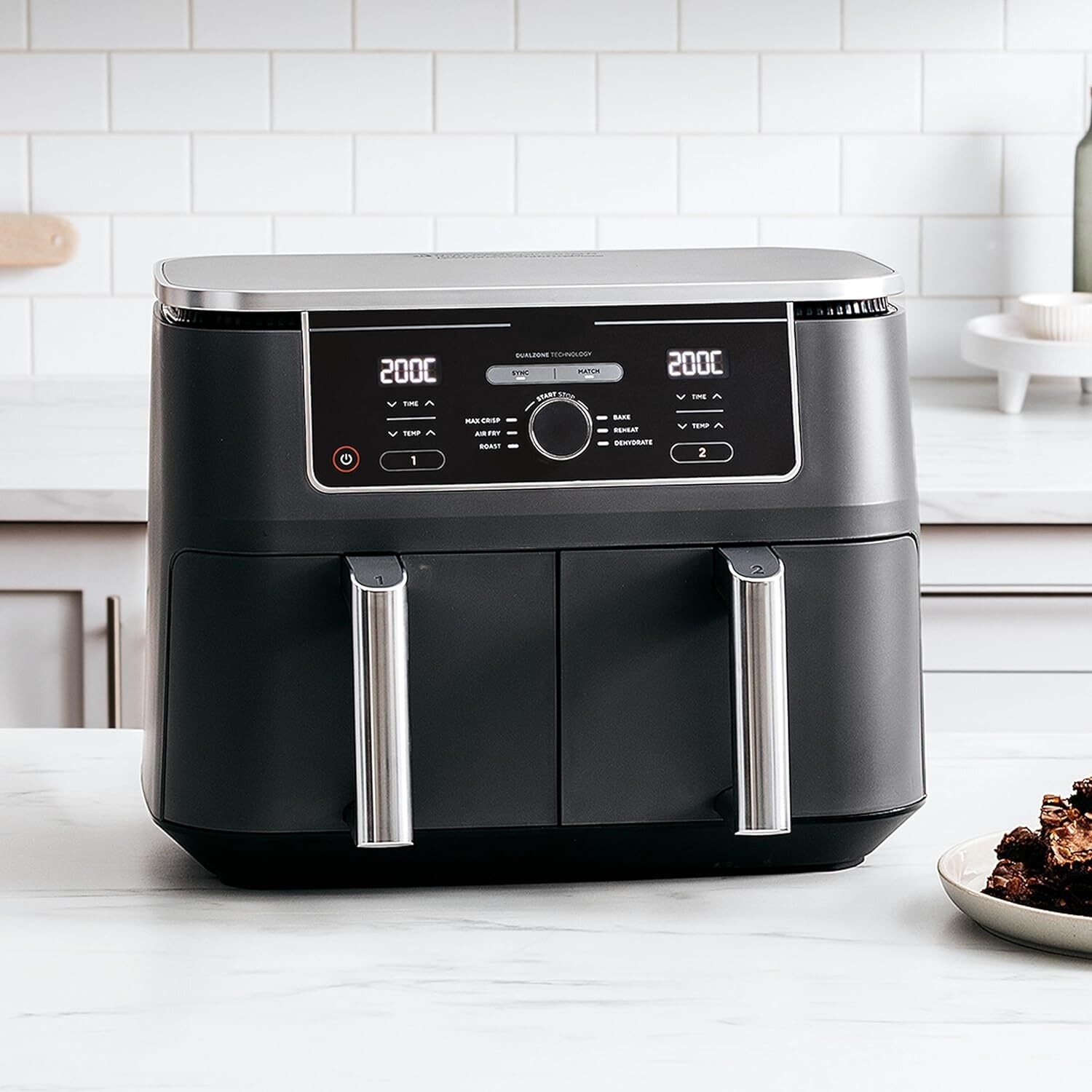 2-Drawer Air Fryer, 9.5L Large Capacity with 6-in-1 Functionality – Dual Independent Cooking Zones, 6 Cooking Functions (Air Fry, Max Crisp, Roast, Bake, Reheat, Dehydrate), Non-Stick &amp; Dishwasher Saf