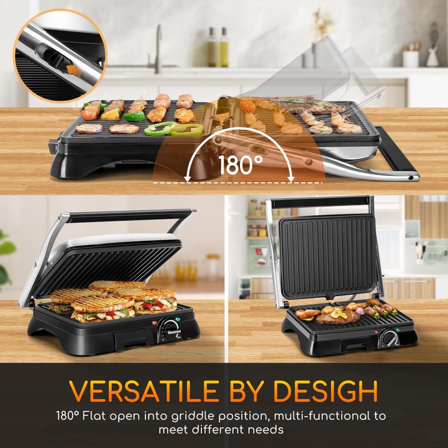 750-2000W Sandwich Toaster Maker - Flat Open Large Grill with Adjustable Temperature Control, Drip Tray, and Stainless Steel Design for Efficient Cooking