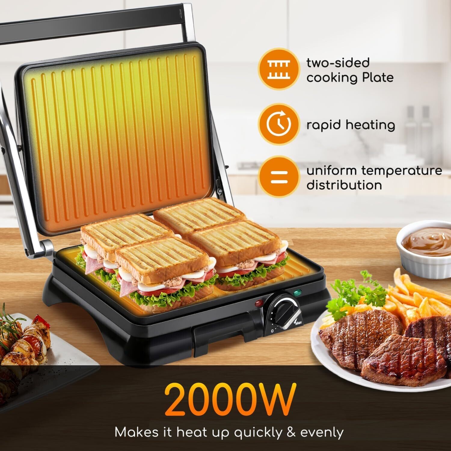 750-2000W Sandwich Toaster Maker - Flat Open Large Grill with Adjustable Temperature Control, Drip Tray, and Stainless Steel Design for Efficient Cooking