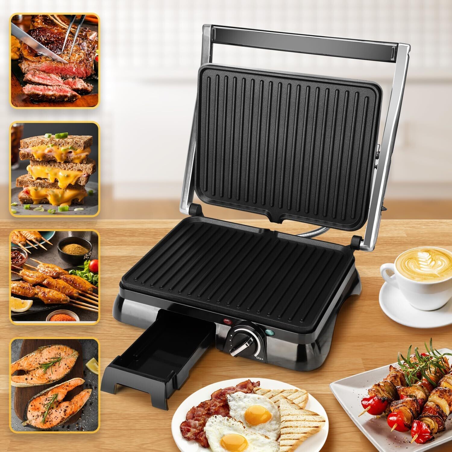 750-2000W Sandwich Toaster Maker - Flat Open Large Grill with Adjustable Temperature Control, Drip Tray, and Stainless Steel Design for Efficient Cooking
