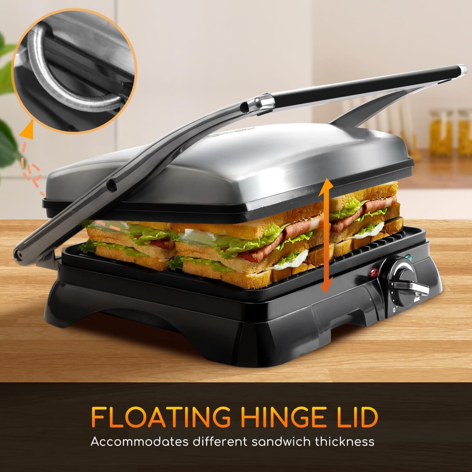 750-2000W Sandwich Toaster Maker - Flat Open Large Grill with Adjustable Temperature Control, Drip Tray, and Stainless Steel Design for Efficient Cooking