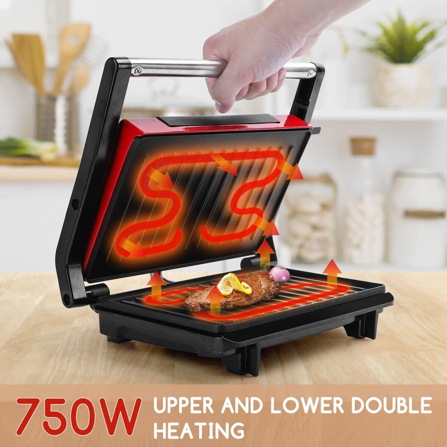 750-2000W Sandwich Toaster Maker - Flat Open Large Grill with Adjustable Temperature Control, Drip Tray, and Stainless Steel Design for Efficient Cooking
