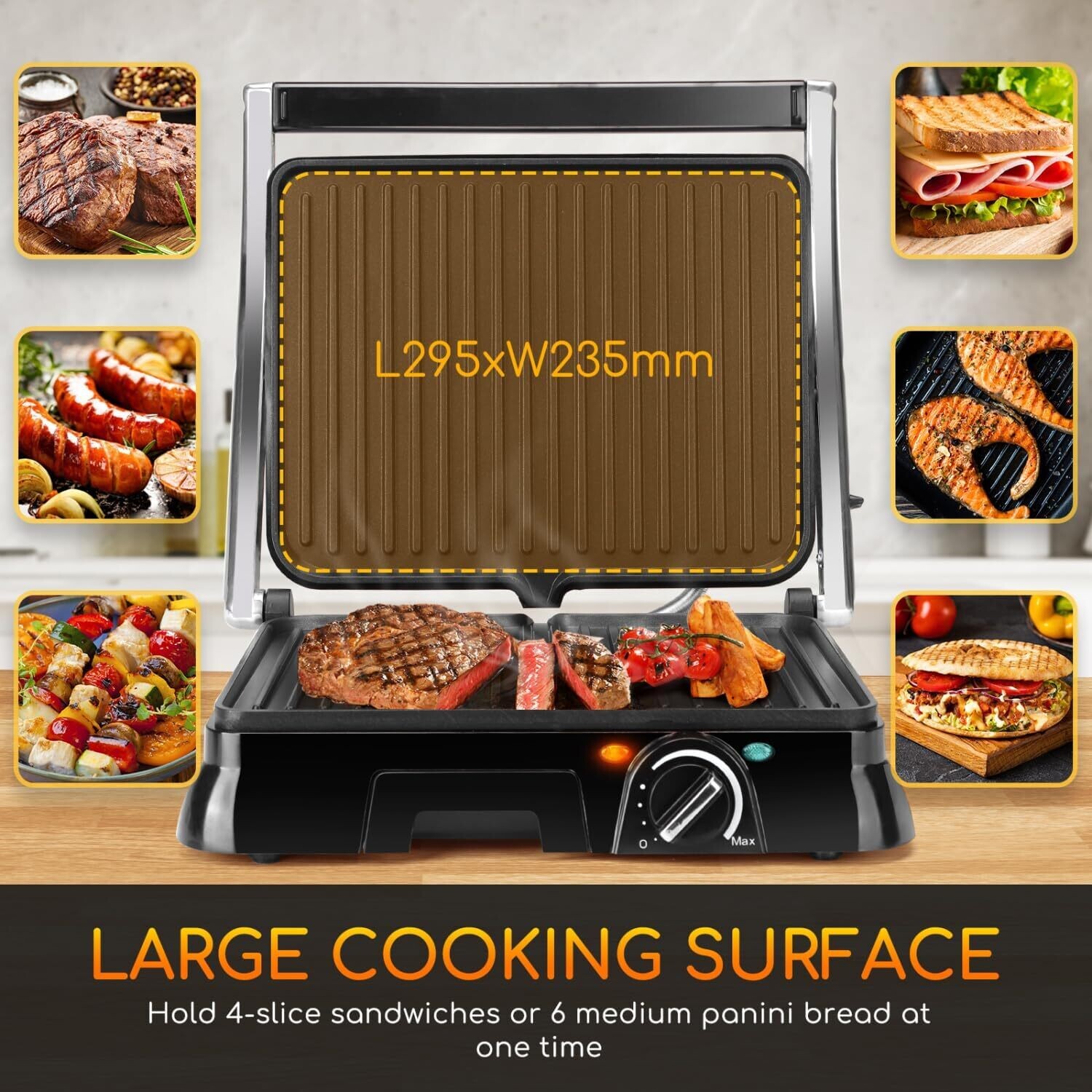750-2000W Sandwich Toaster Maker - Flat Open Large Grill with Adjustable Temperature Control, Drip Tray, and Stainless Steel Design for Efficient Cooking